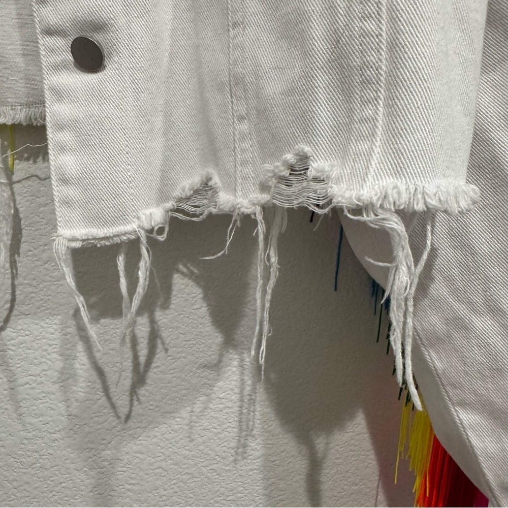 Dolls Kill Club Exx Rainbow Fringe Cropped‎ Distressed Denim Jacket Size XXL - Picture 3 of 9